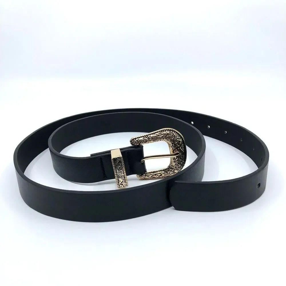 Y2K Coastal Cowgirl Black Gold Ornate Buckle Belt, 36–43.5 Inches, X7GA1136